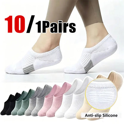 1/10 Pairs Women Breathable Mesh Invisible Ankle Socks Summer Lightweight Breathable Solid Color Cushioned Sports Leisure Socks