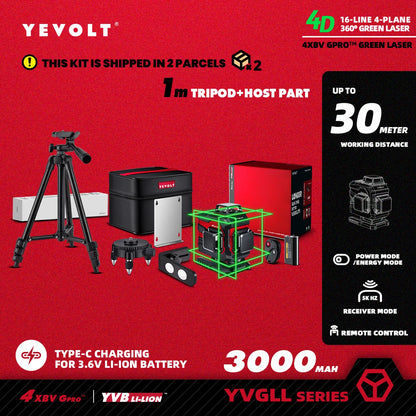 YEVOLT YVGLL4XS16 Grön Lasernivå 4D – 4 Plan, 16 Linjer, 3Ah/5,2Ah Batteri, Självnivellerande