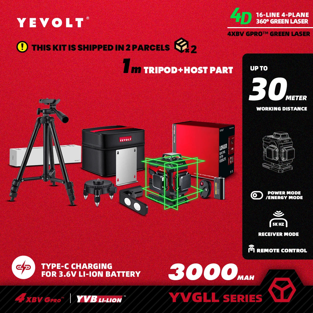 YEVOLT YVGLL4XS16 Grön Lasernivå 4D – 4 Plan, 16 Linjer, 3Ah/5,2Ah Batteri, Självnivellerande