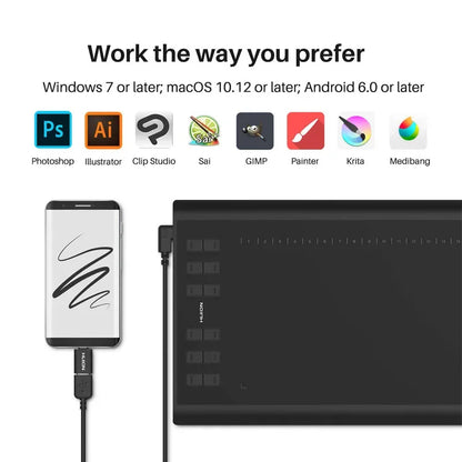 HUION Inspiroy H1060P Ritplatta – 8192 Trycknivåer Batterifri Penna 12 Snabbtangenter 10x6,25" Windows macOS Android Linux