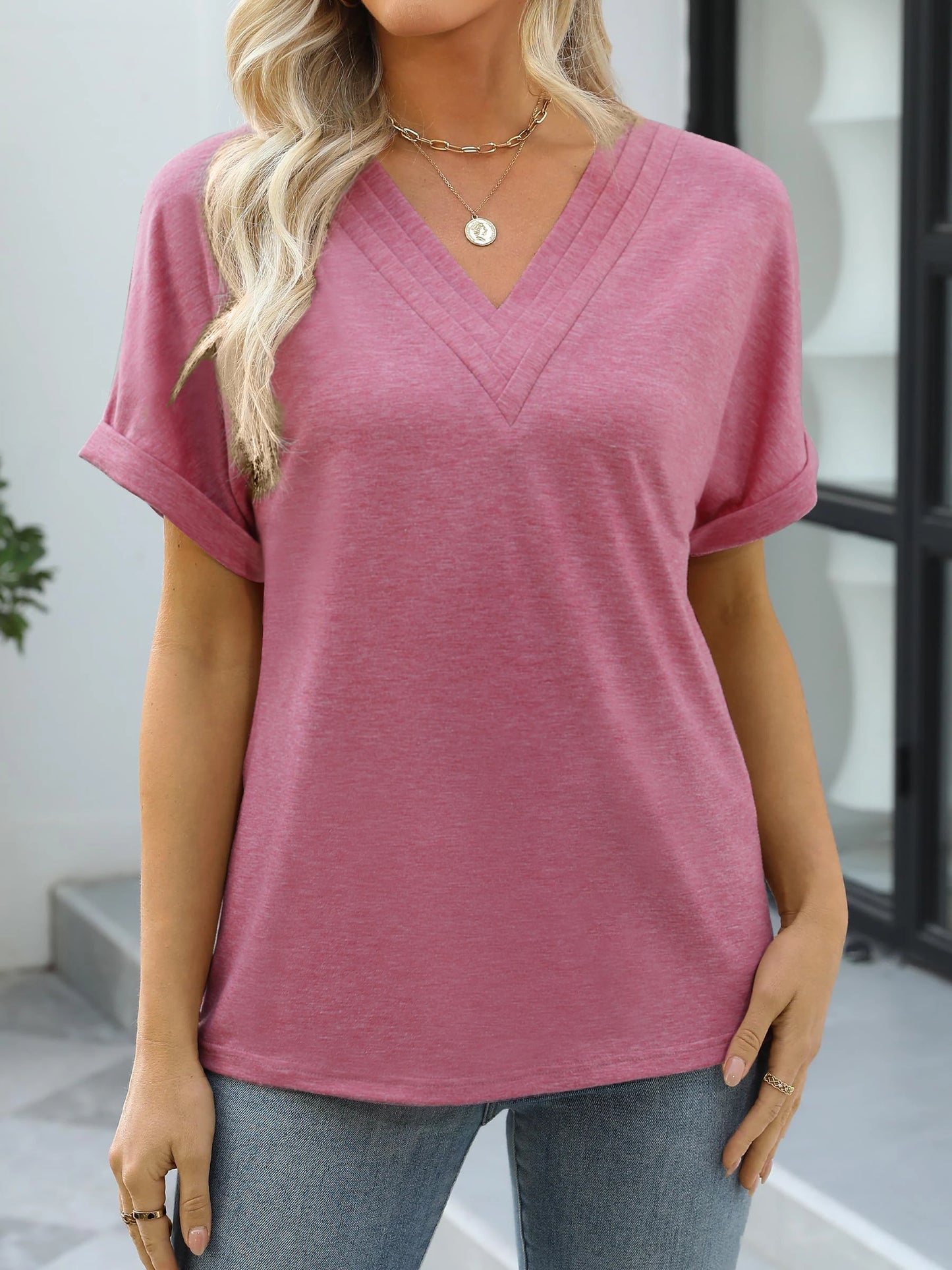 Casual Women Short Sleeve T shirt for Summer Sexy V-Neck Solid Loose Daily Office Lady Tee Tops 2025 Fashion t shirt