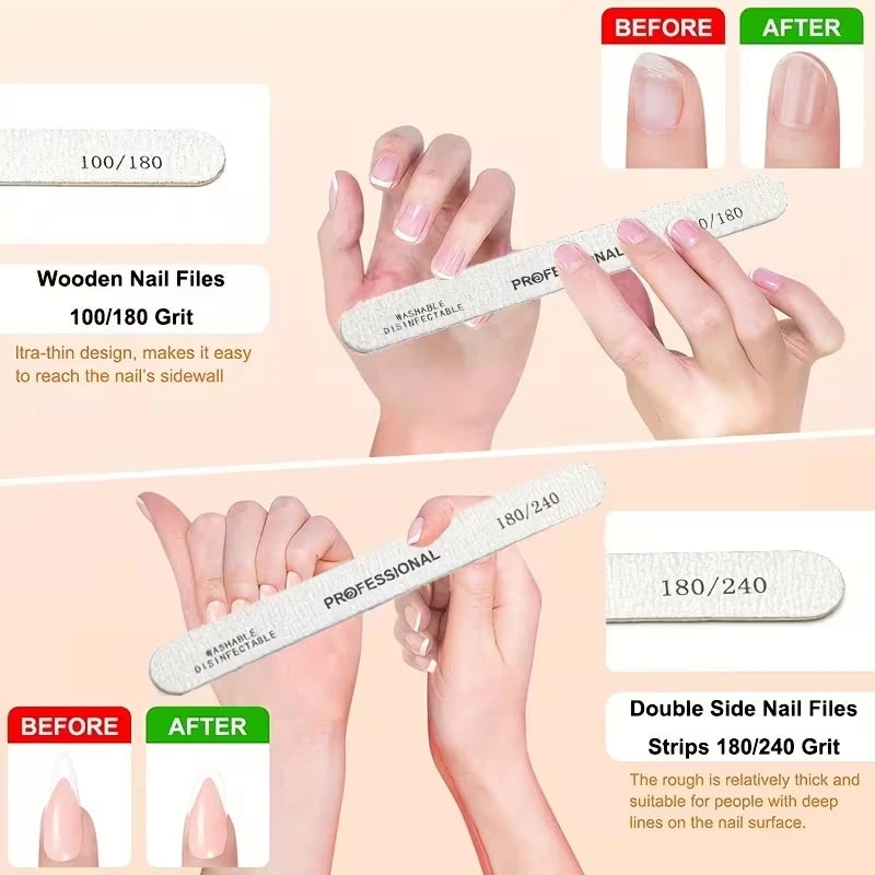 10-100PCS Wooden Nail File Professional Sanding Buffer Files 100/180/240 Double Side For Nail Art Pedicure UV Gel Tips Tools