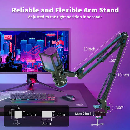 PUPGSIS Gaming USB Microphone, Noise Cancellation Condenser Mic with Mute, Gain, RGB Lights, Boom Arm Stand for Streaming, PC