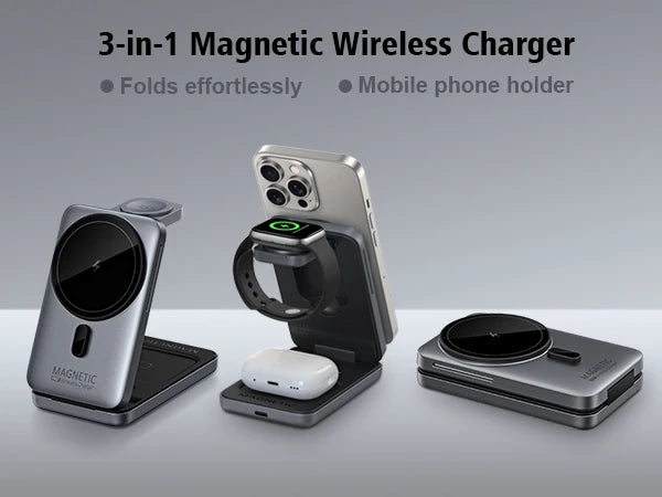 3-in-1 Foldable Magnetic Wireless Charger Station for iPhone 17/16/15/14/13/12 Apple Watch AirPods Wireless Charging Stand
