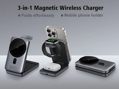 3-in-1 Foldable Magnetic Wireless Charger Station for iPhone 17/16/15/14/13/12 Apple Watch AirPods Wireless Charging Stand