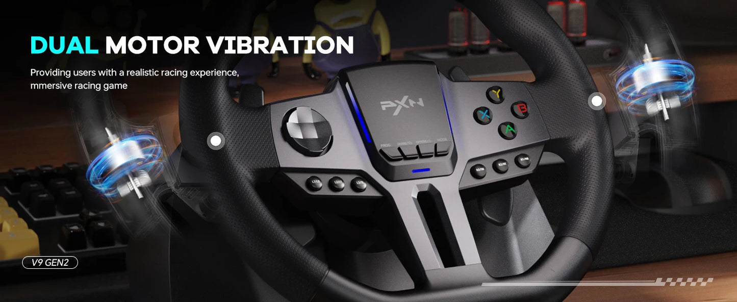PXN V9 GEN2 Racing Wheel for PC/Xbox/PS4, 270°/900°, Hall 3-Pedal Set, H-Shifter, Dual Paddles, RGB, App