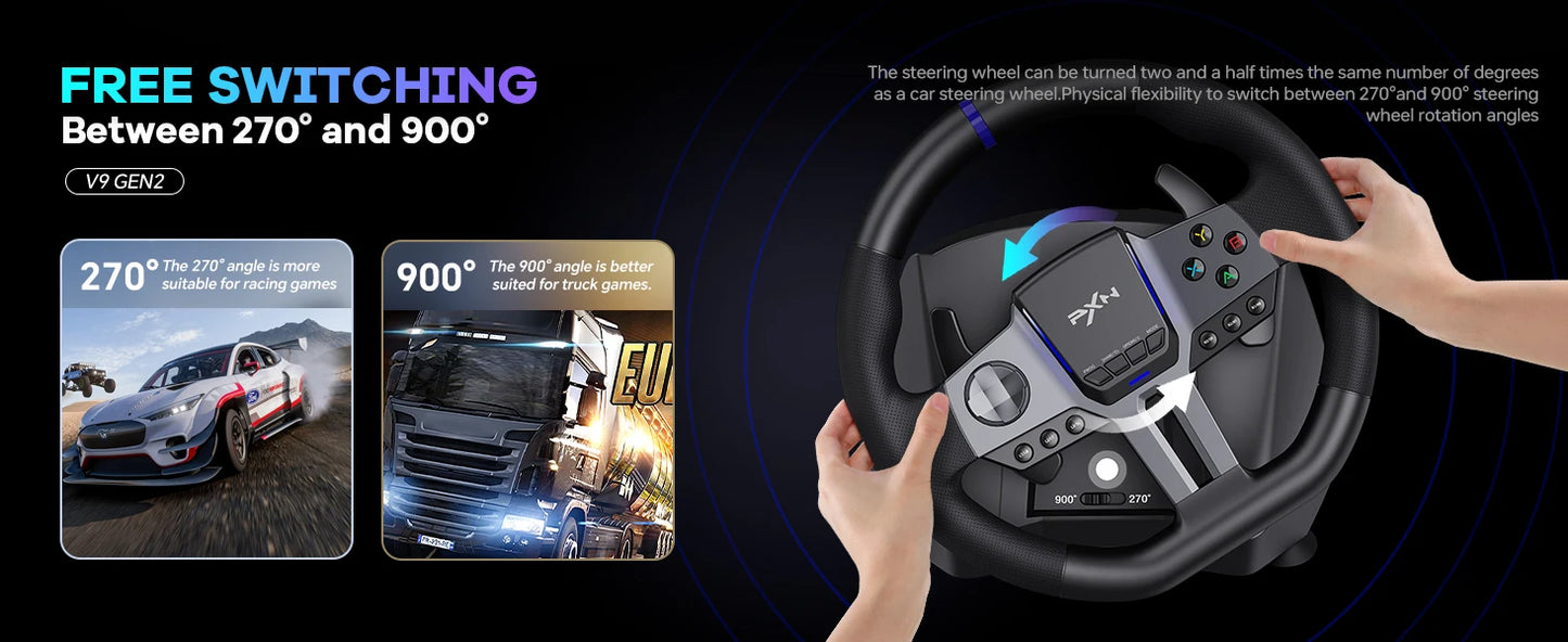 PXN V9 GEN2 Racing Wheel for PC/Xbox/PS4, 270°/900°, Hall 3-Pedal Set, H-Shifter, Dual Paddles, RGB, App