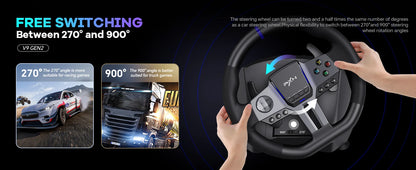 PXN V9 GEN2 Racing Wheel for PC/Xbox/PS4, 270°/900°, Hall 3-Pedal Set, H-Shifter, Dual Paddles, RGB, App