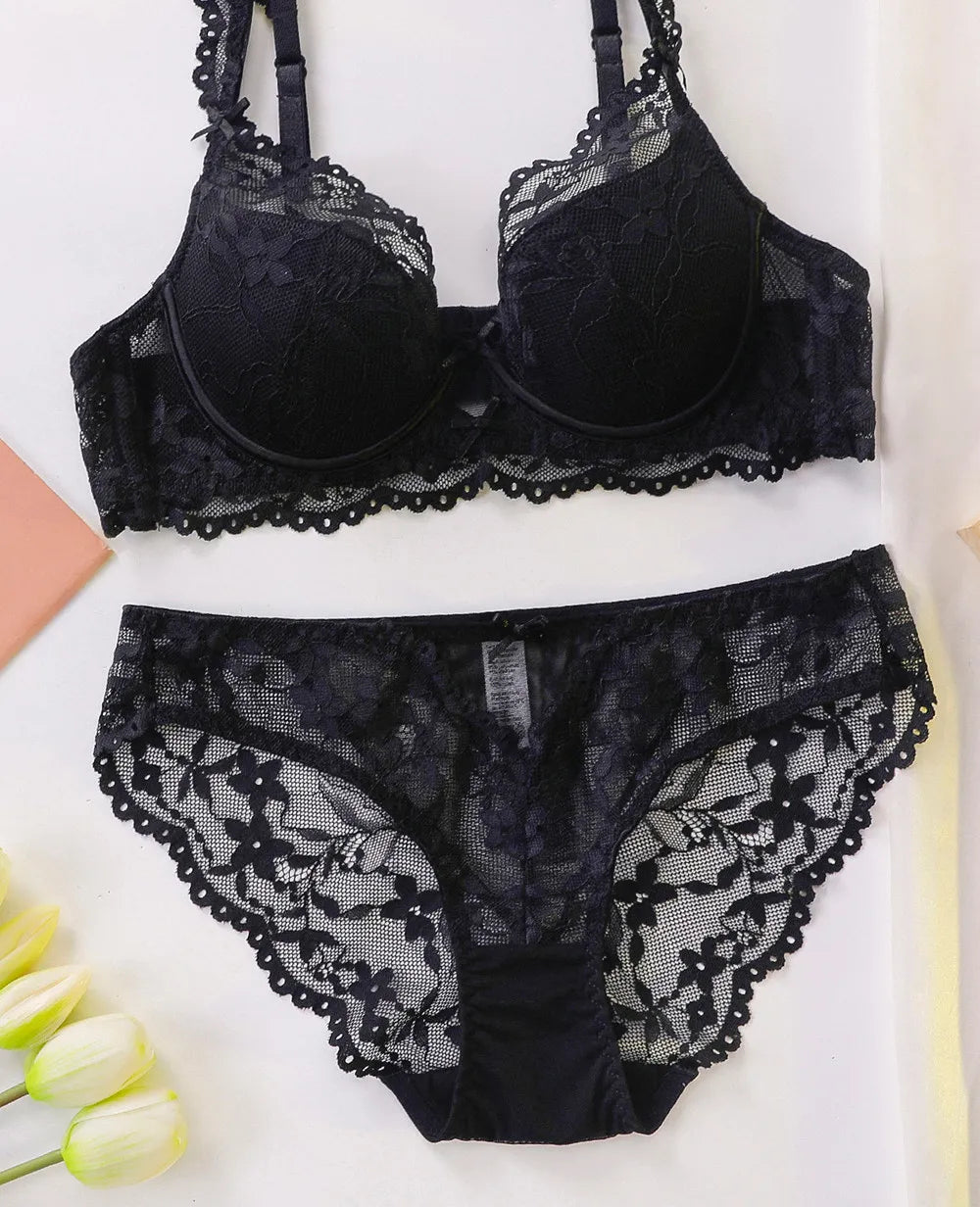 Ladies Soft Underwire Lace Push Up Bra Set Solid Floral Design Bralette Comfort Female Lingerie Set Suitable For A/B/C Cup