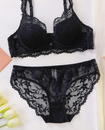Ladies Soft Underwire Lace Push Up Bra Set Solid Floral Design Bralette Comfort Female Lingerie Set Suitable For A/B/C Cup