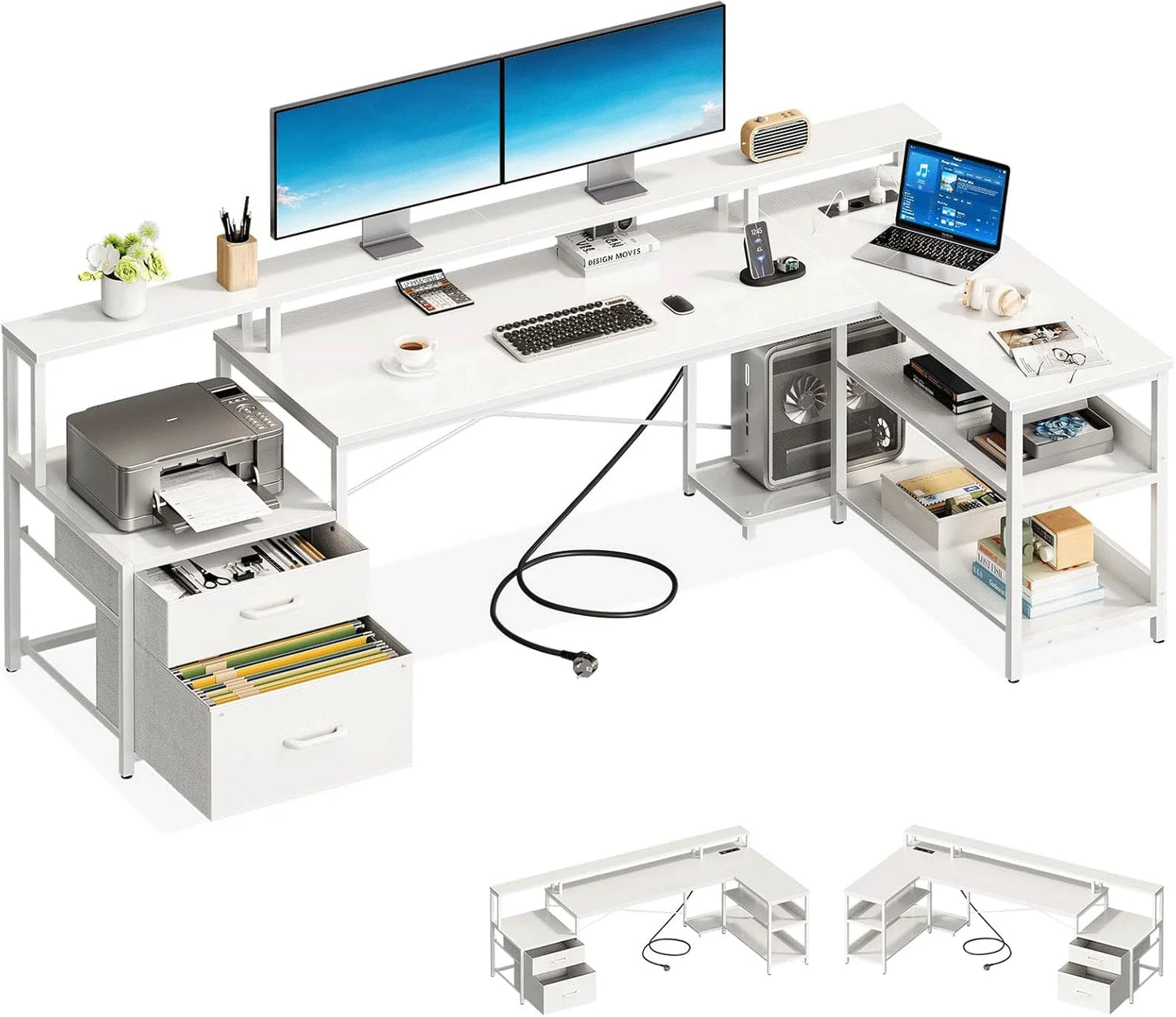 Coleshome desk with Drawers, 189.3 × 100cm Reversible Corner desk Large with 2 sockets & USB Charging Port, White