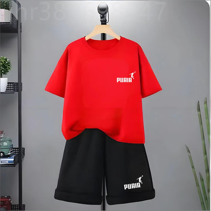 Summer Kids Print 2pcs Breathable Tees+Shorts Leisure Suits 3-12 Years Boys Girls Outfits Children Cool Black White Clothes