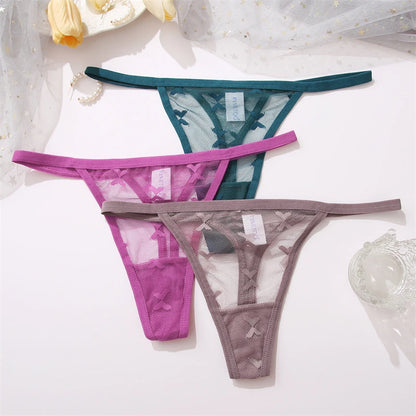 FINETOO Women Sexy Lace Thong Low Waist Hollow Out G-String Female Seamless Transparent T-Back Underwear Solid Intimates Panties
