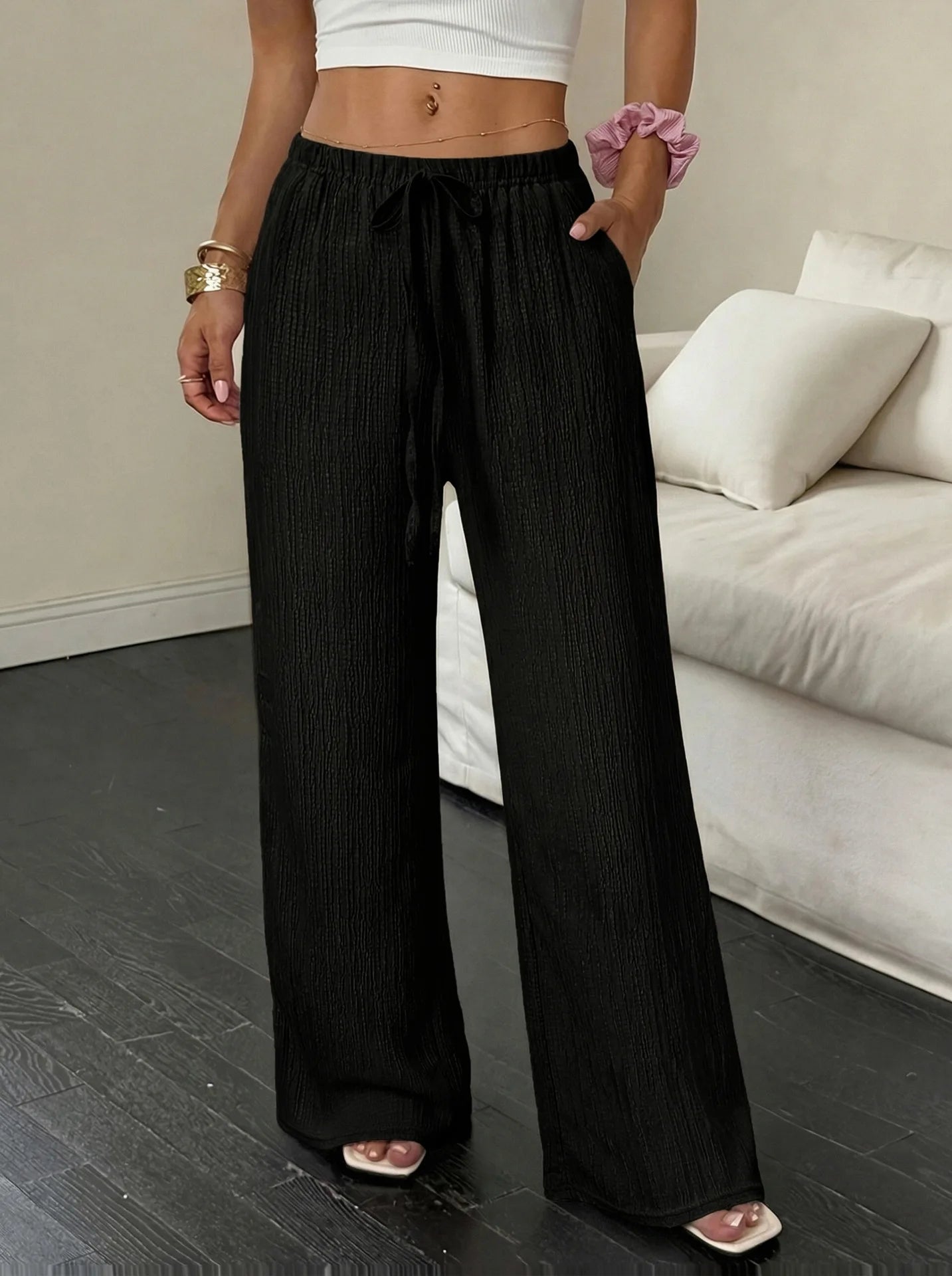 Dam Vida Byxor Hög Midja – Elegant Casual Enfargad Snördetalj Fickor Vår/Höst, 4 Färger S–XXL
