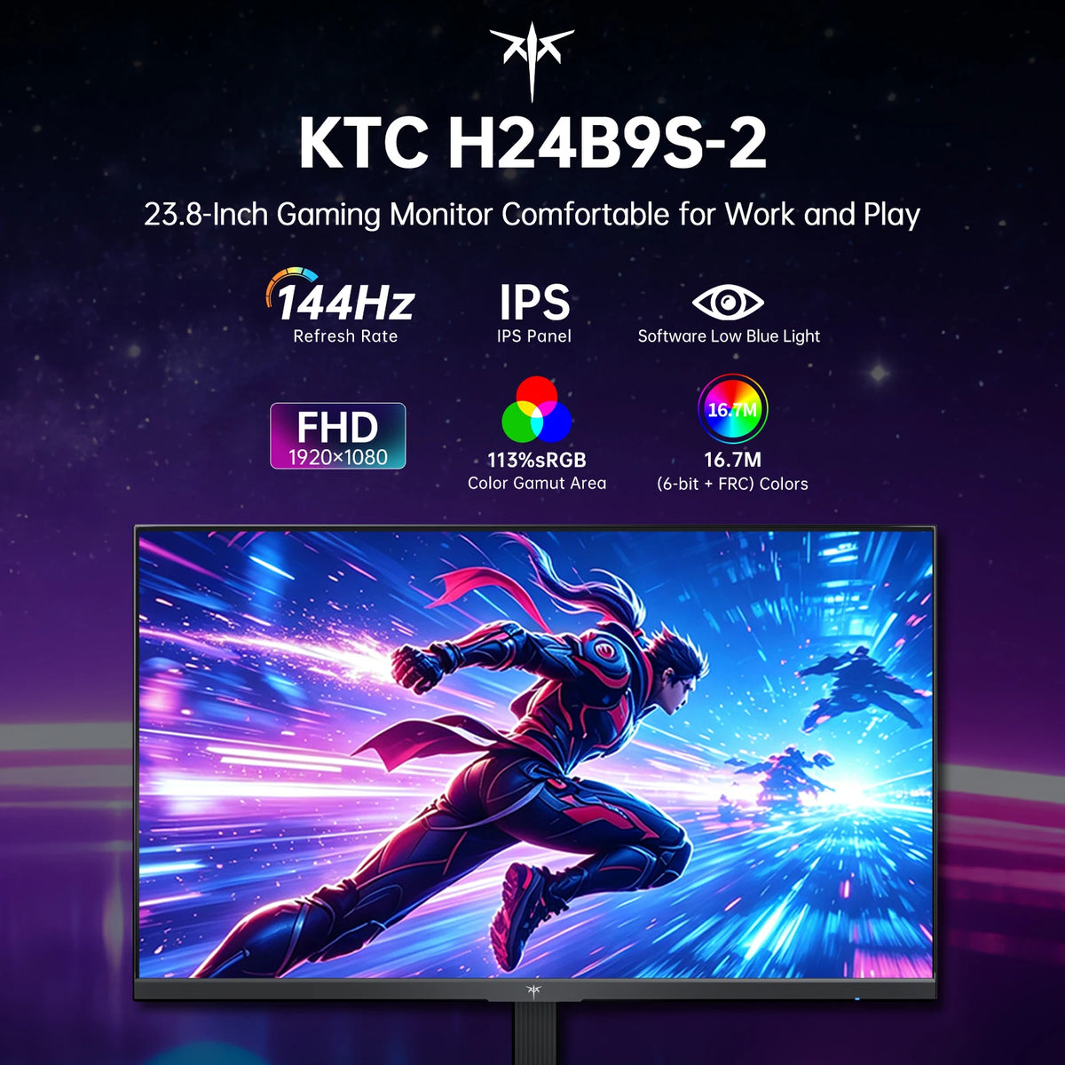 KTC H24B9S-2 144Hz Gaming Monitor, 23.8' FHD IPS Display, 178° Wide Viewing Angle, 113% SRGB, 16.7M Colors, Low Blue Light, 280 cd/m², HDMI & VGA, VESA 75x75mm Mount, Smooth Gaming & Daily Productivity