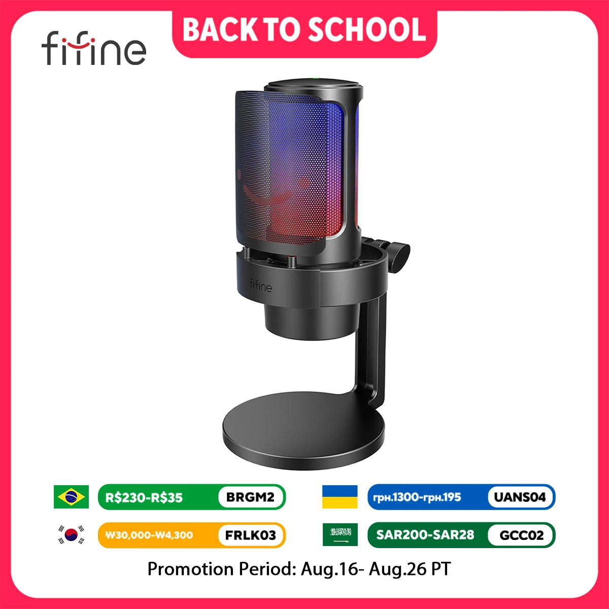 FIFINFIFINE USB Gaming Microfono Para PC Mac PS4 PS5, RGB Condensador Micrófono Per Streaming,Podcasts, Con Control RGB A8