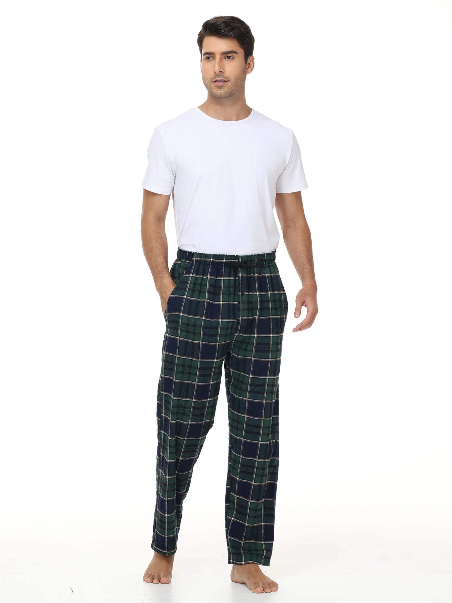 Men's 3Pcs Pajama Sleeping Pants Cotton Plaid Pjs, Long Plaid Print Sleepwear Pajama Pants with Elastic Waist Homewear