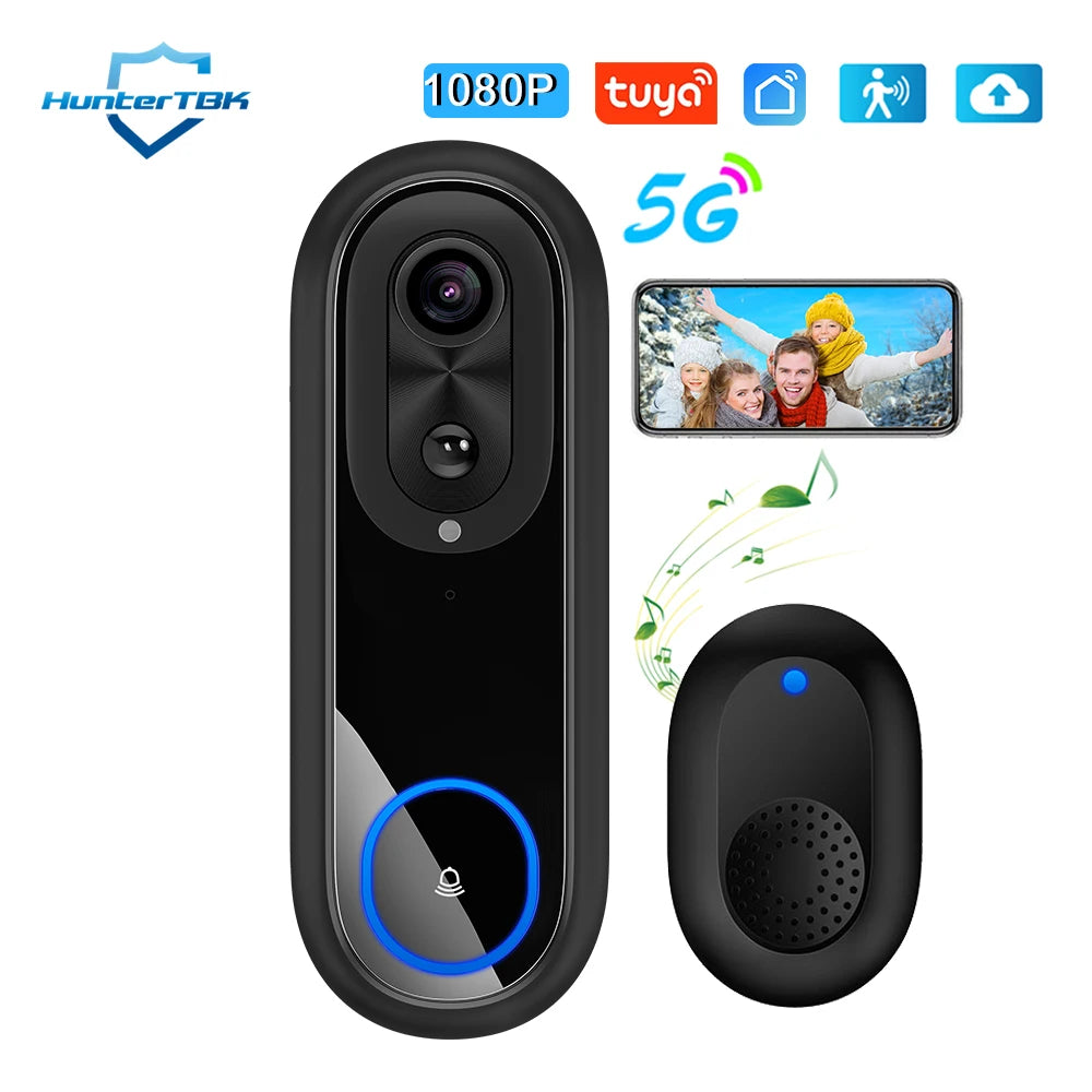Dual-band WiFi Dörrklocka 1080P – Tuya, IP65, 7000mAh, Röstförvrängning, PIR, USB-chime