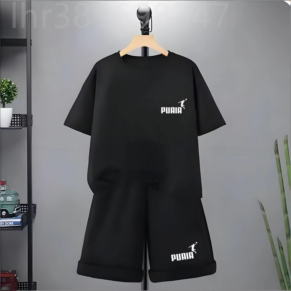 Summer Kids Print 2pcs Breathable Tees+Shorts Leisure Suits 3-12 Years Boys Girls Outfits Children Cool Black White Clothes