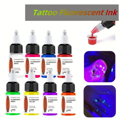 UV Fluorescent Tattoo Ink Set - 8 Colors Glow in The Dark, 20ml Safe & Non-Toxic for Body Art.