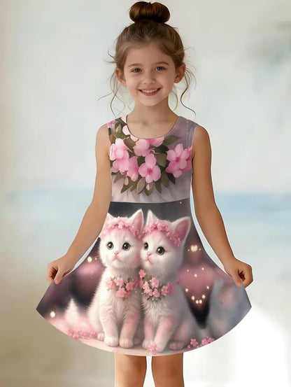 Girl Clothes Cartoon Cat Graphic Printed Girls' Princess Dress Summer Casual Dress for Girls Outfit O-Neck Birthday Gift Clothes