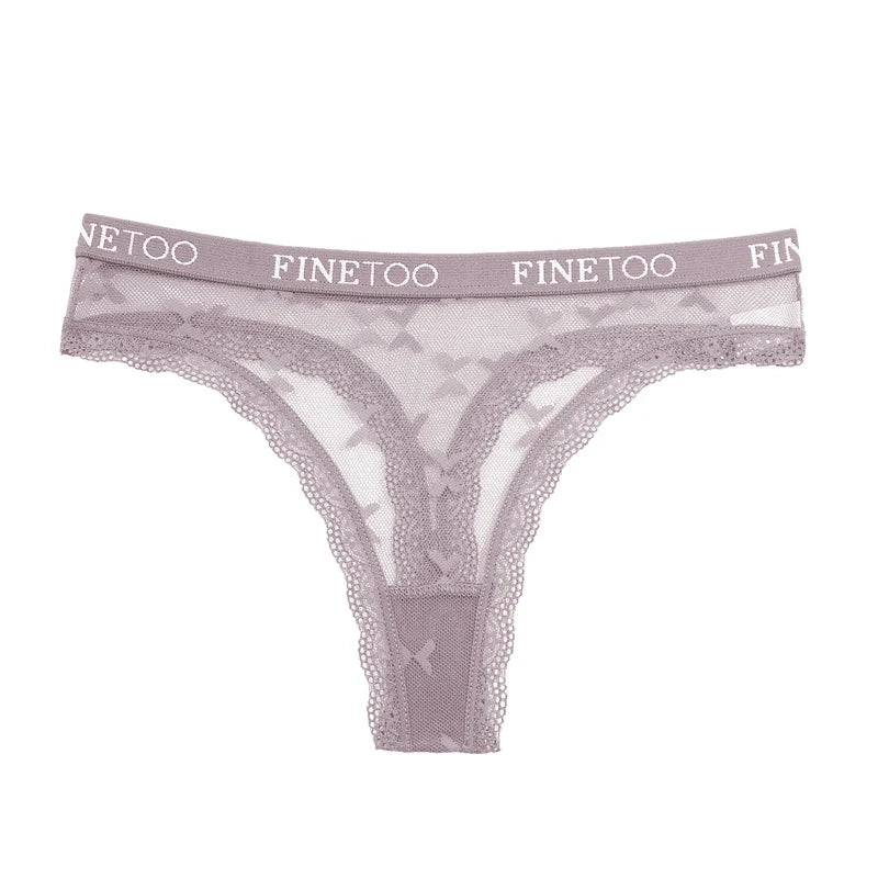 FINETOO Women Sexy Lace Low-Rise Thongs Letter Waist Transparent G-String Ladies Seamless Lingerie Hollow Out Perspective T-Back