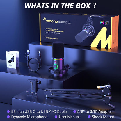 MAONO PD200XS USB/XLR Dynamic Microphone with Shock Mount Boom Arm Stand Maonolink Gain Knob RGB Light for PC Gaming Recording