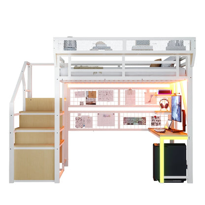 90×200cm & 140*200cm Metal High Bed, with Desk, Shelf and Storage Net, Complete with Safety Ladder, LED Lighting and Socket
