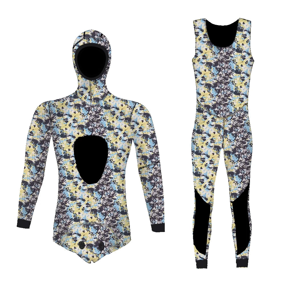 HOT Camouflage Long Sleeve Fission Hooded 2 Pieces Of 1.5/3MM Neoprene Submersible Suit For Men Keep Warm Waterproof Diving Suit