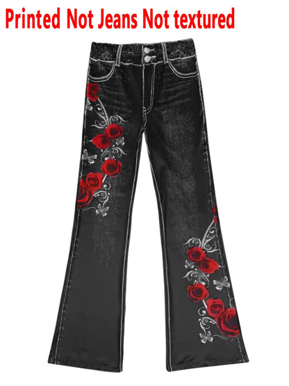 1253 [Printed Pants - Not Denim Fabric] Floral Print Flare Pants - Non-Denim Fabric, Women's Trousers,