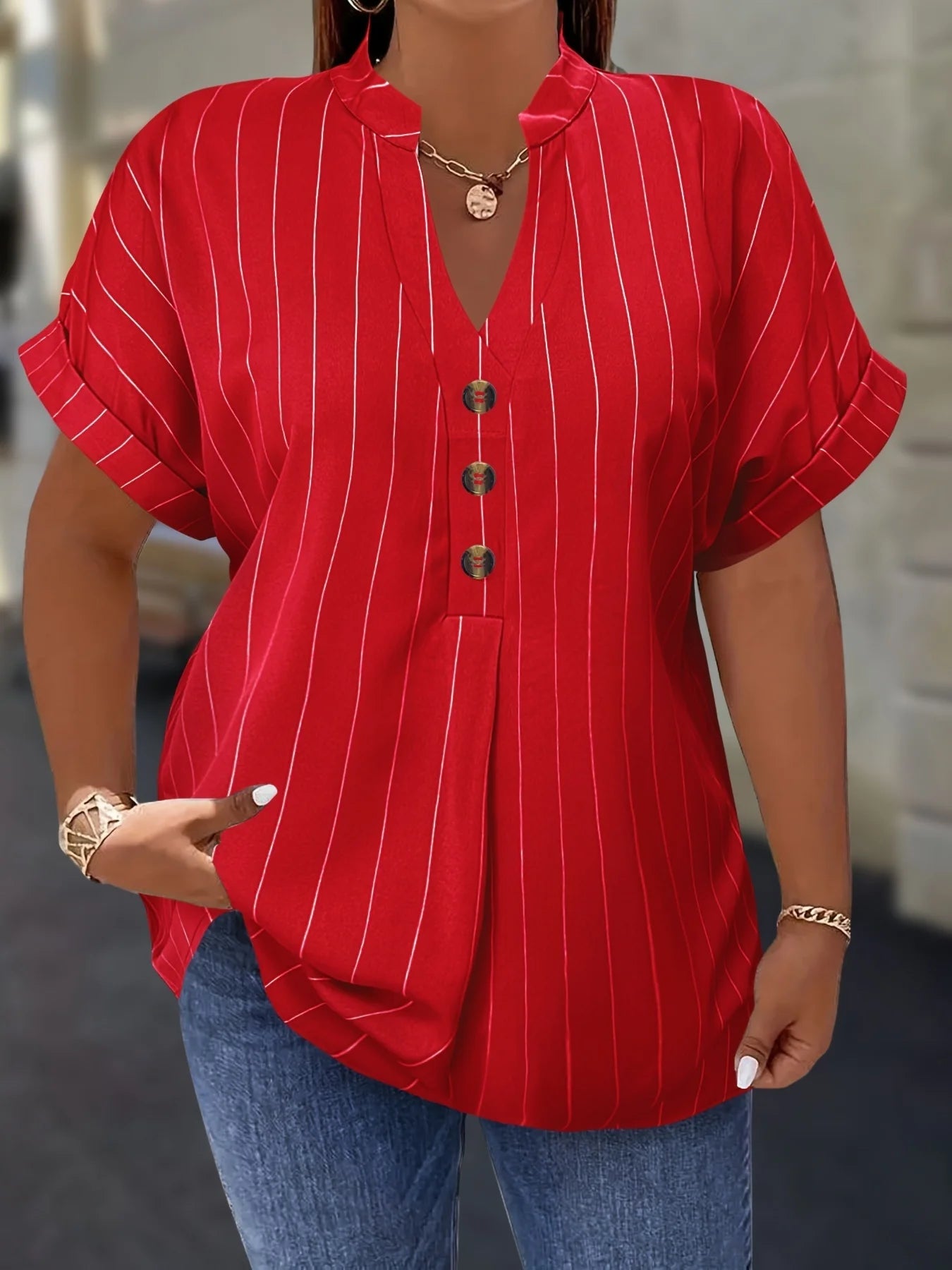Gadinus White Plus Size Striped Blouse Women V Neck Button Front Short Sleeve Loose Fit Casual Shirt Tunic Top