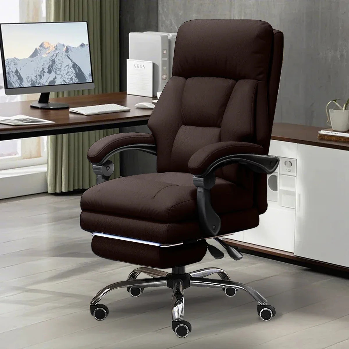 High-Back Ergonomic Office Chair, Swivel with Retractable Footrest, Multi-Position Adjustable Boss Chair