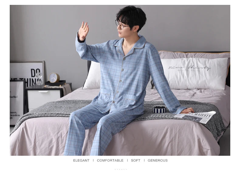 MiiOW Herr Pyjamas Set Vinter – Bomull Långärmad Rutig Grå Krage Plus Size, 8 Färger M–XXXL