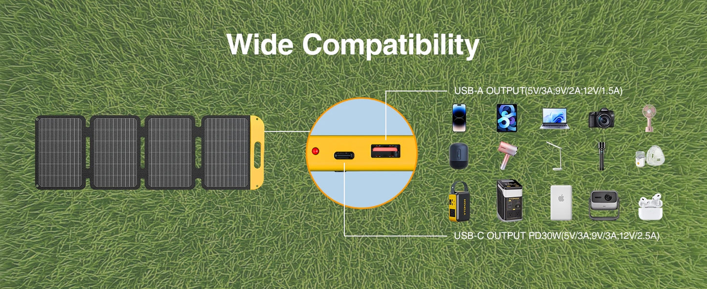 VTOMAN VS40 Hopfällbar Solpanel 40W – IP67, USB-C PD30W & USB-A, 25% Verkningsgrad, Camping