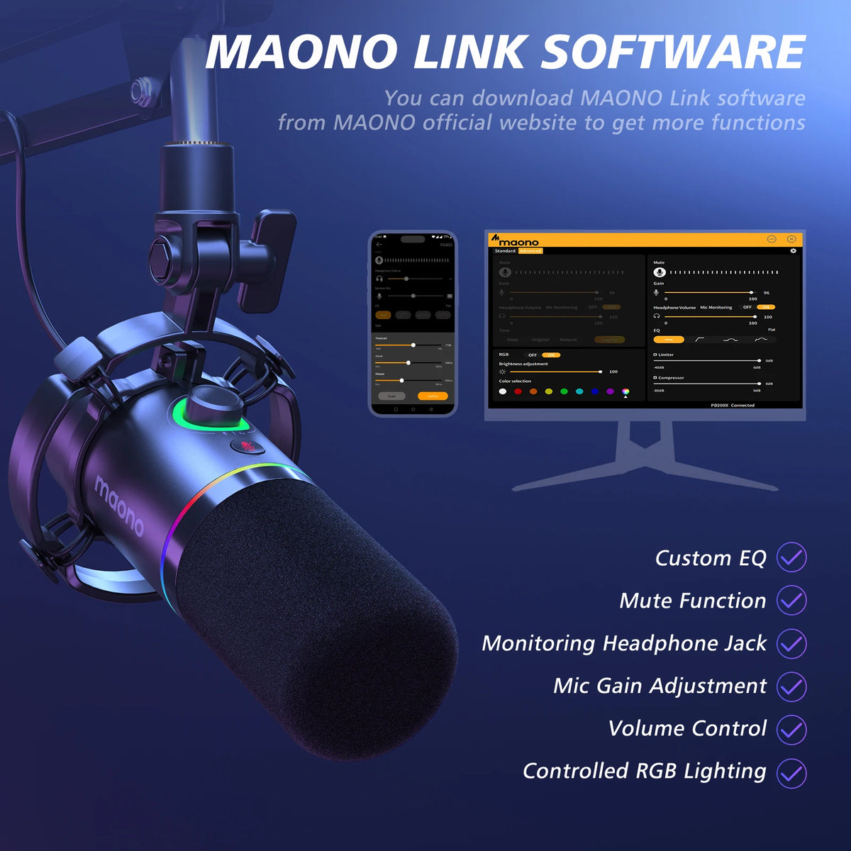MAONO PD200XS USB/XLR Dynamic Microphone with Shock Mount Boom Arm Stand Maonolink Gain Knob RGB Light for PC Gaming Recording