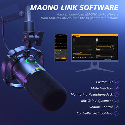 MAONO PD200XS USB/XLR Dynamic Microphone with Shock Mount Boom Arm Stand Maonolink Gain Knob RGB Light for PC Gaming Recording