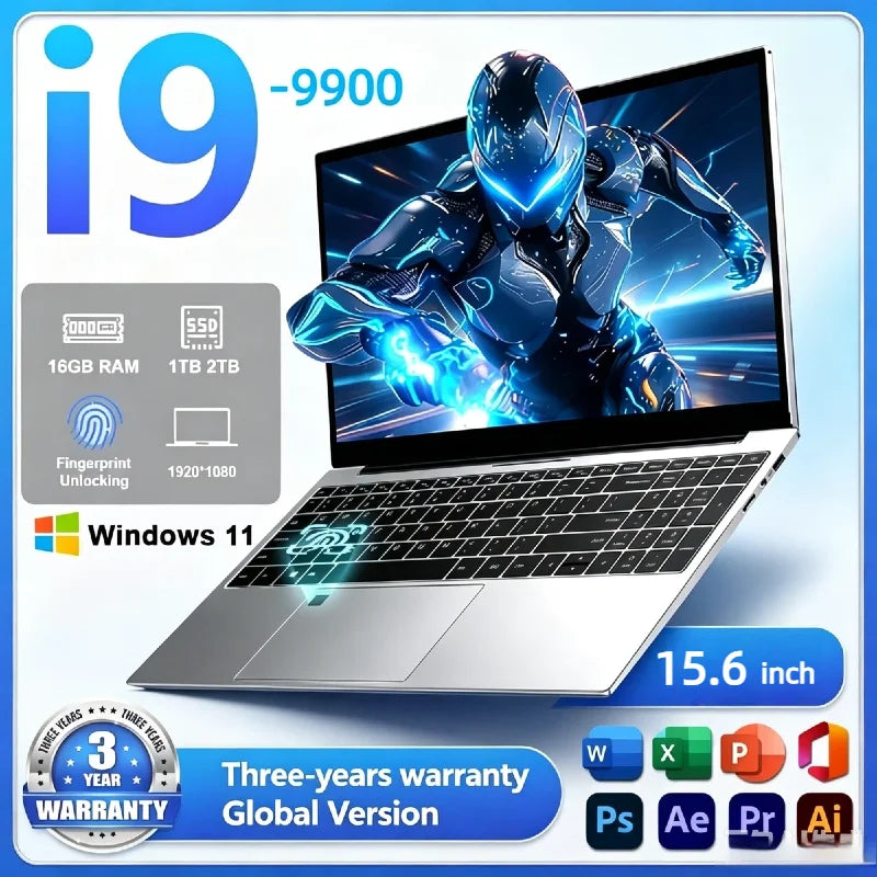 LenO 15,6" Gaming Laptop Intel Core i9-9900 16/32GB RAM Upp till 2TB SSD – Win 11 Pro FHD 1920x1080 Ultratunn Metallram Svart/Silver