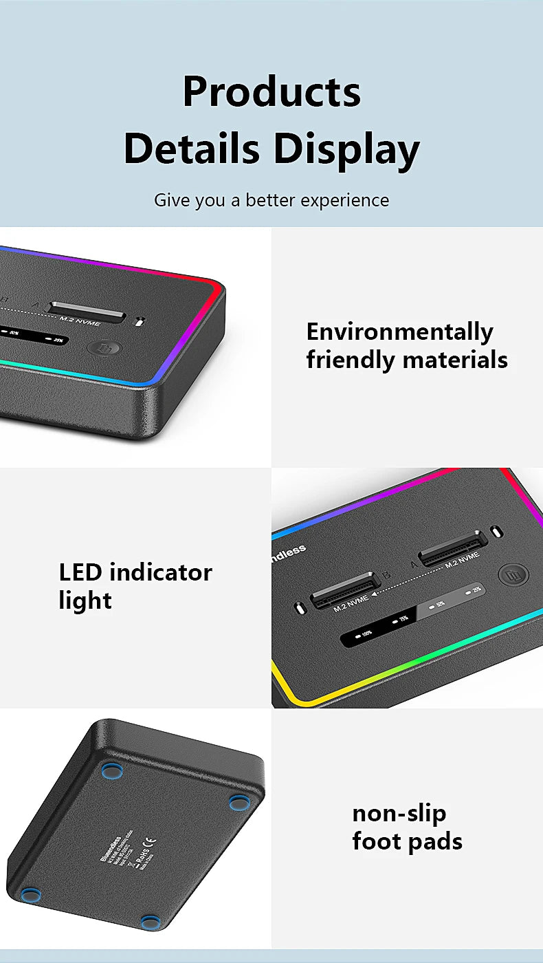 Blueendless Dual-Bay M.2 NVME SSD Clone Docking Station 20Gbps USB3.2 USB C Type C OFFline Cloner Duplicator NVme PCIE Enclosure