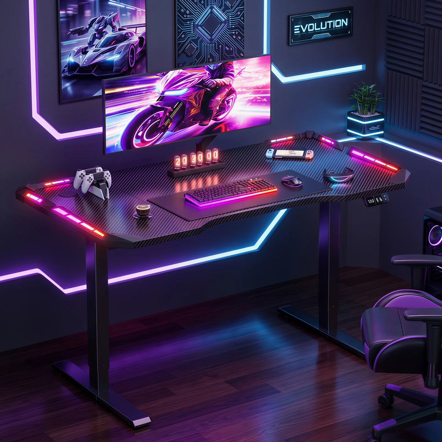 120/140/160cm Electric Height Adjustable Table, Ergonomic Gaming Desk with LED Lights, Carbon Fiber Desktop for Home Office