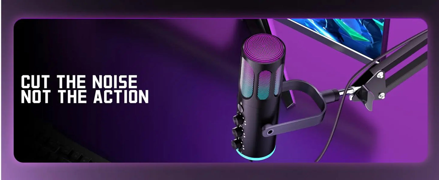PUPGSIS Gaming USB Microphone, Noise Cancellation Condenser Mic with Mute, Gain, RGB Lights, Boom Arm Stand for Streaming, PC