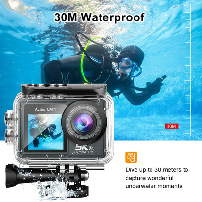 5K Action Camera 4K60FPS 2.0 Inch Touch Screen WiFi 170 ° Wide Angle 30M Waterproof Bicycle Motorcycles Sports Cameras