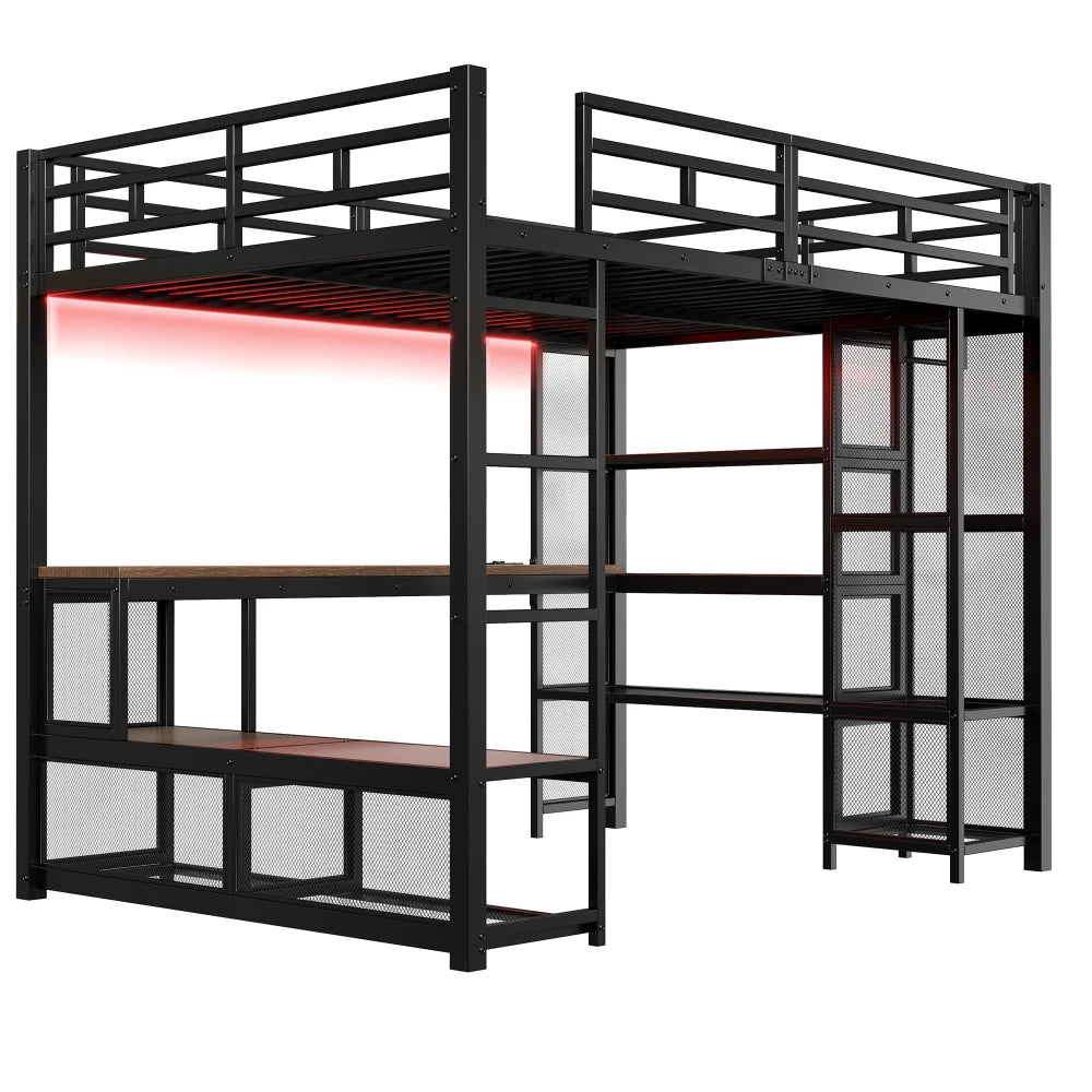 140x200cm Metal High Bed with Storage and Open Wardrobe, Kids Bedroom Bed with USB Connector and LED Lighting, Black/white