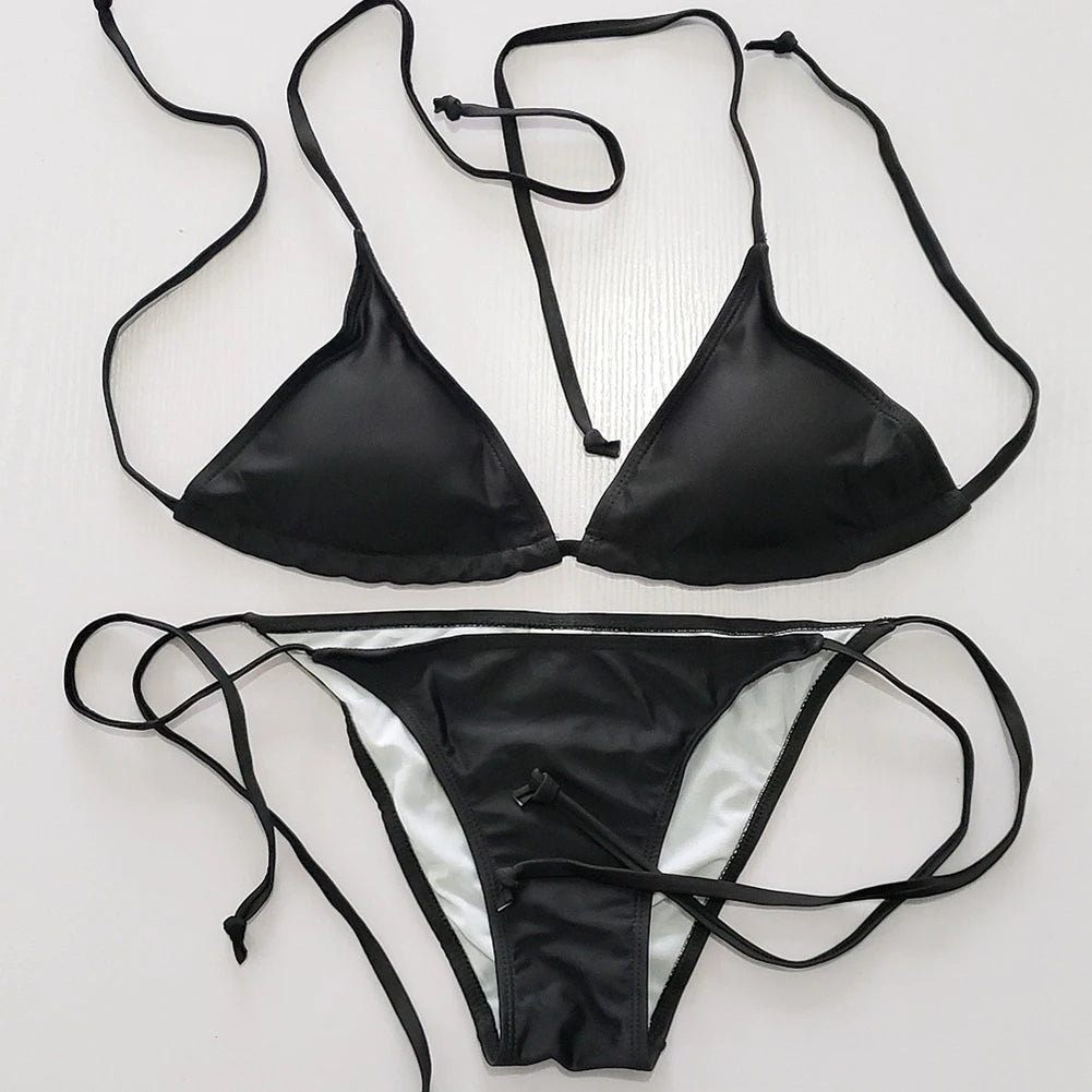 Women Sexy Solid Bikini Set Tie Side Bathing Suit Triangle Top Thongs Swimsuits 2025 Woman Beachwear Bather Swim Wear