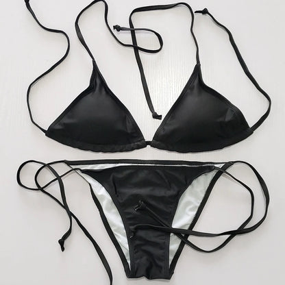 Women Sexy Solid Bikini Set Tie Side Bathing Suit Triangle Top Thongs Swimsuits 2025 Woman Beachwear Bather Swim Wear