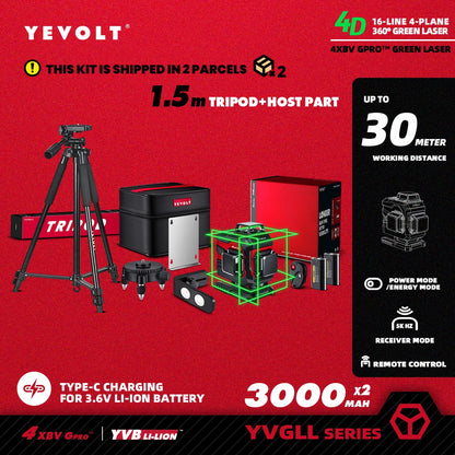 YEVOLT YVGLL4XS16 Grön Lasernivå 4D – 4 Plan, 16 Linjer, 3Ah/5,2Ah Batteri, Självnivellerande