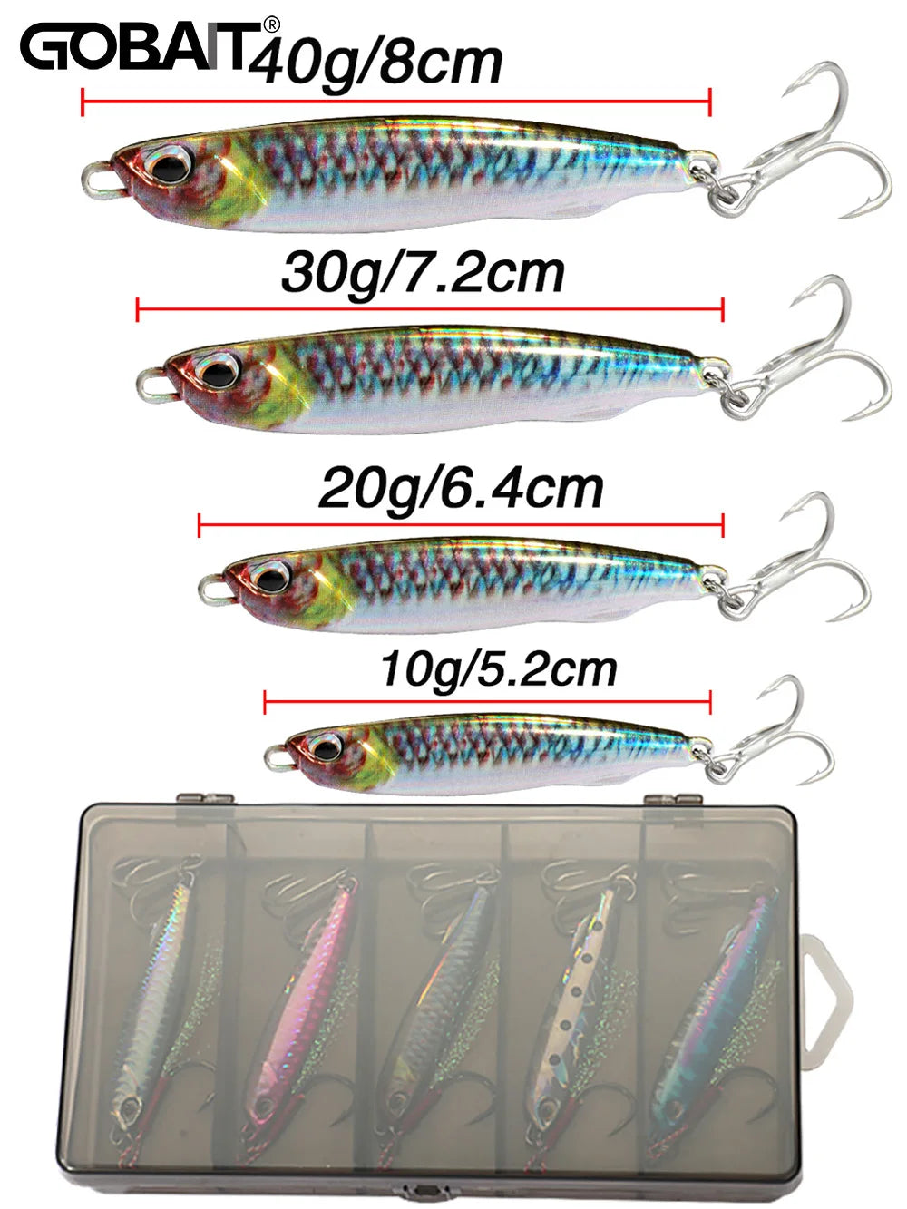 5pcs/box Metal Jig Lures 10g 20g 30g 40g Spinner Sinking Pencil Feather Hook Treble Hooks Pesca Set Fishing Tackle Box Bait Kit