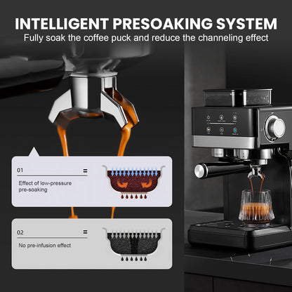 Matte Black Smart Espresso Coffee Machine Burr Grinder Touch Screen Pre-Infusion 360° Steam Wand Cold Brew