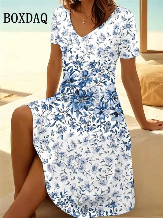 Dam Vintage Sommarklänning Stor Storlek 2026 – V-ringning Blommigt Tryck Kortarm Lös A-linje Strand Semester Casual, 1XL–6XL