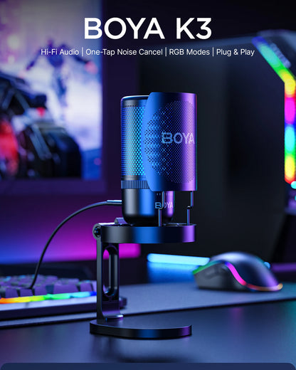 BOYA K3 USB Dektop Microphone with Noise Cancellation/Gain/RGB for Podcasting Live Streaming on iPhone Smartphone/PS4,5/Mac/PC