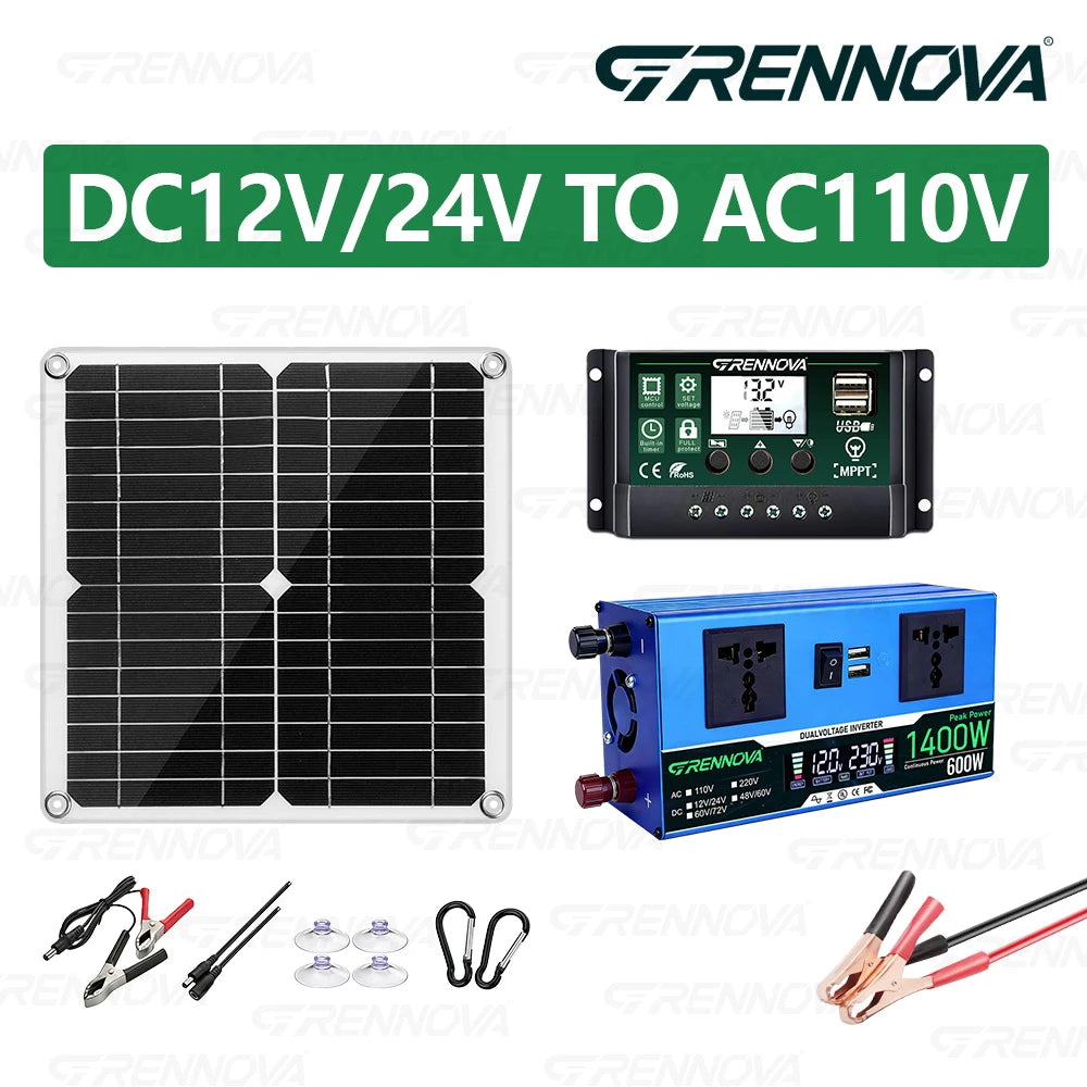 Grennova Solkraftsystem – Ren Sinusvåg 700W/1400W + 30W Solpanel + 60A MPPT 12V/24V 110V/220V Husbil Off-Grid CE